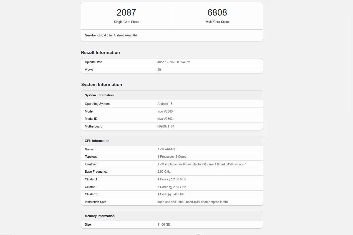 vivo geekbench v2503 Vivo X200 FE